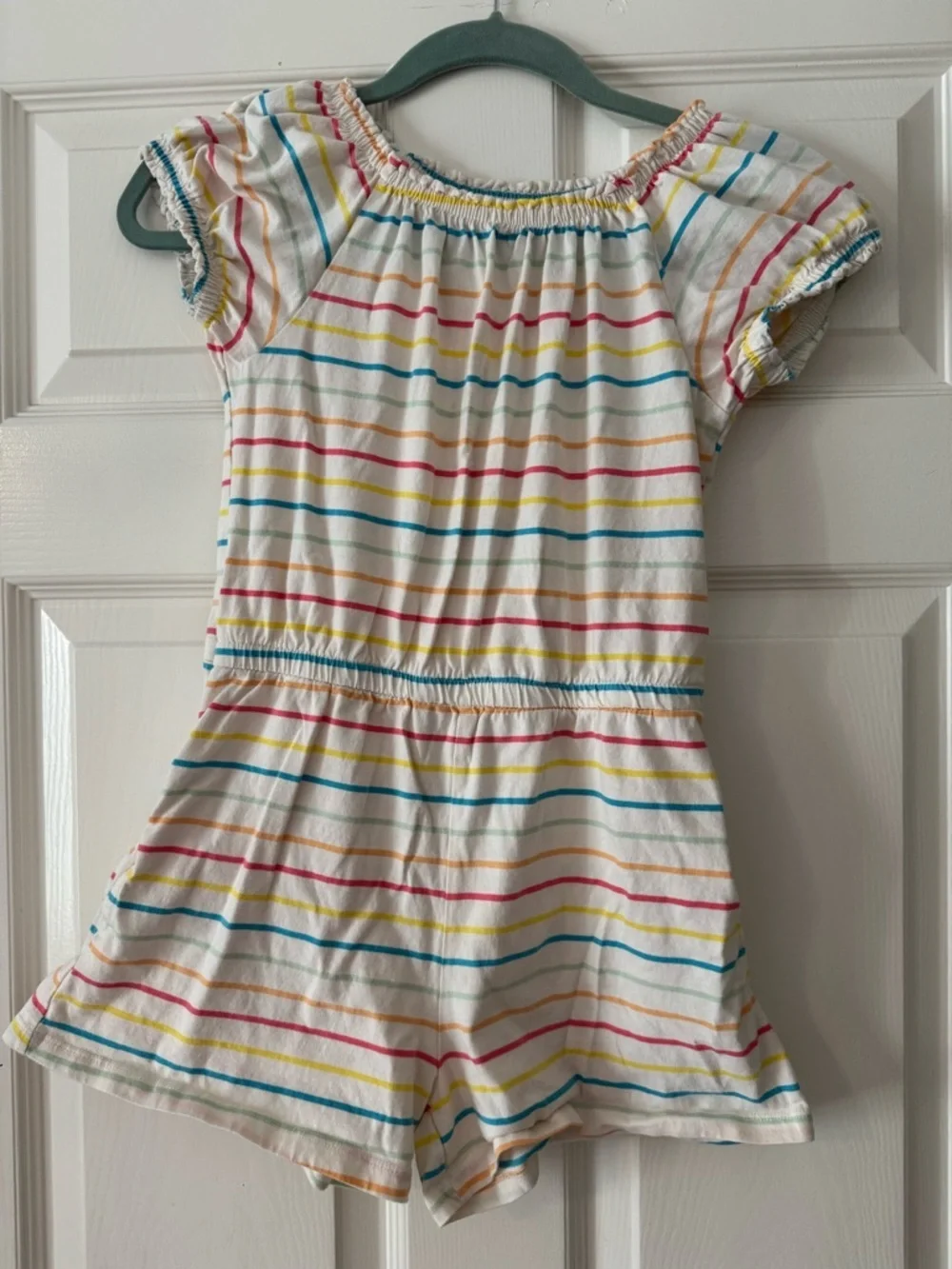 Old Navy White Cotton Romper with Rainbow Stripes